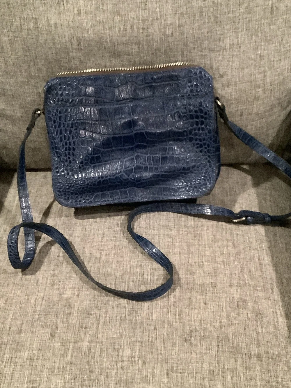 Patricia Nash Navy Croc-Embossed Leather Messenger with Tan Interior Trim